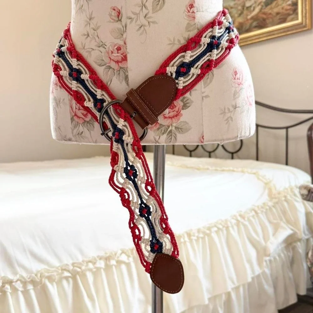 vintage woven boho belt size red‎ white and navy braided